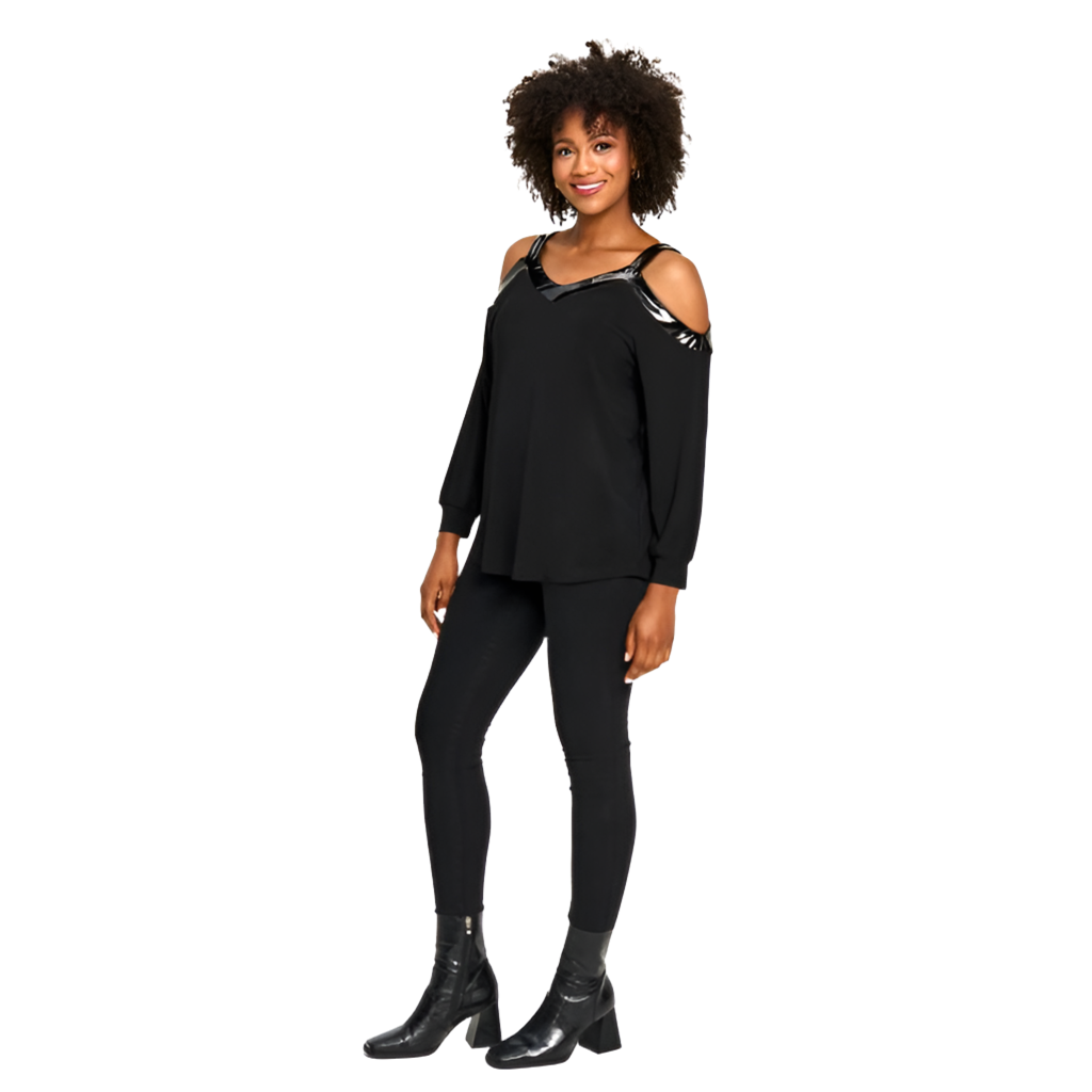 Faux Leather Trim Cold Shoulder Sweetheart Top