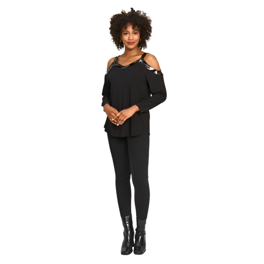 Faux Leather Trim Cold Shoulder Sweetheart Top