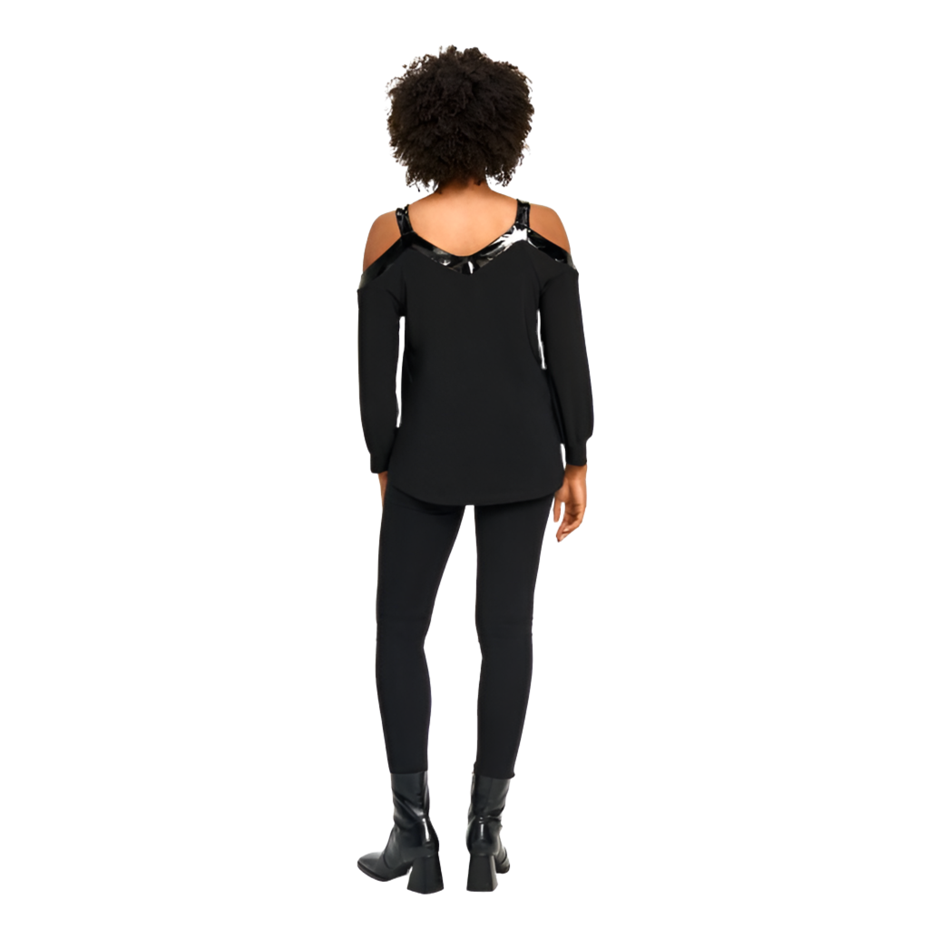 Faux Leather Trim Cold Shoulder Sweetheart Top
