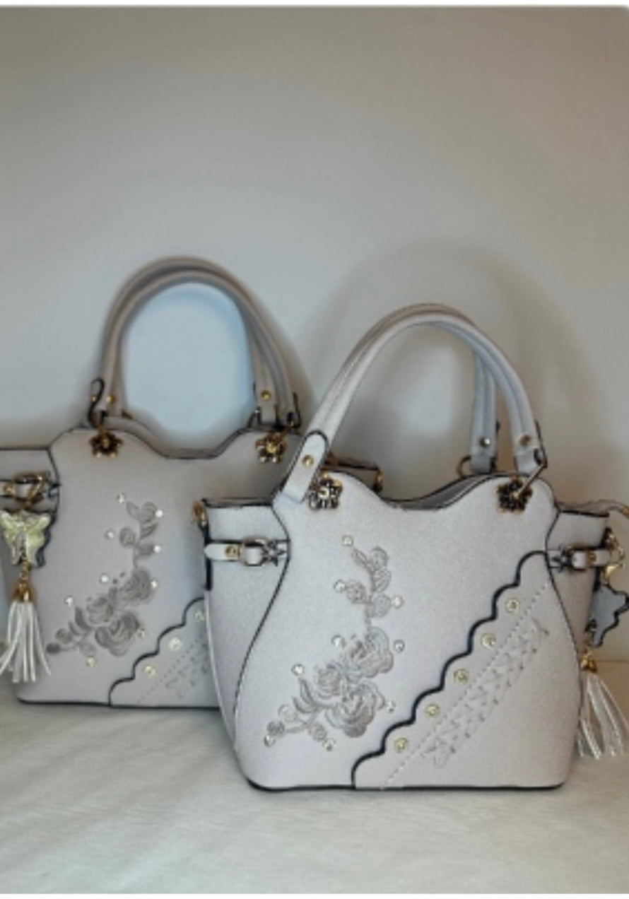 Grey embroidered flower tote larger size