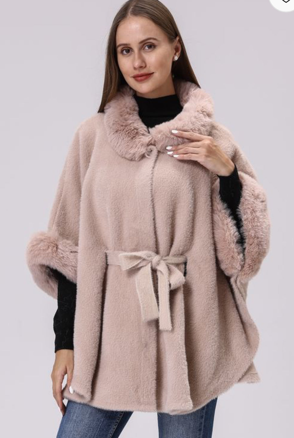 Pink Faux Fur Belted cape CT280-78