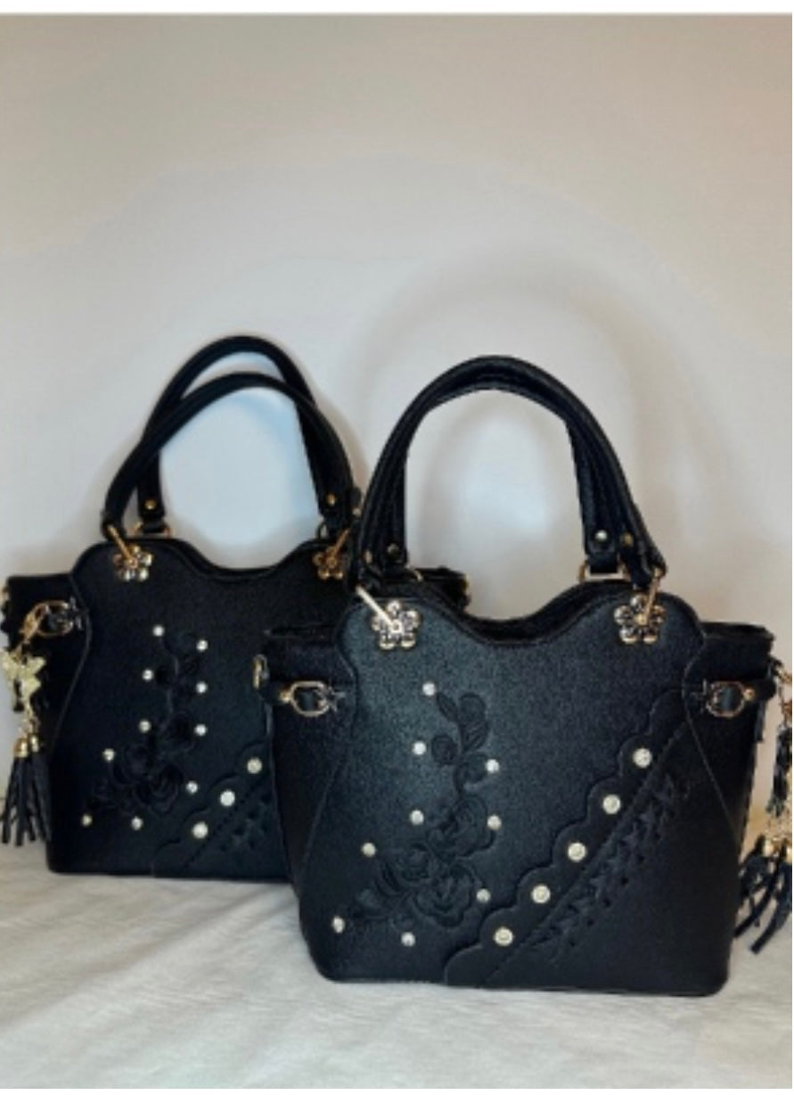 Black embroidered flower tote larger size