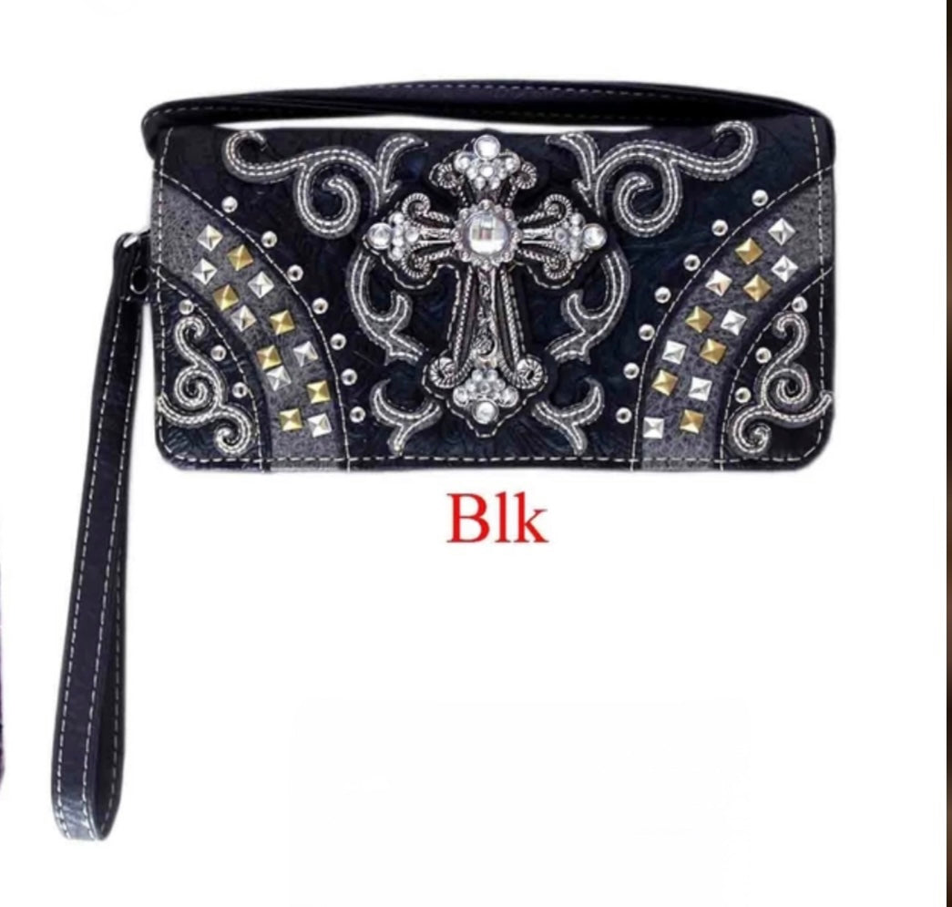 Black bling cross western wallet