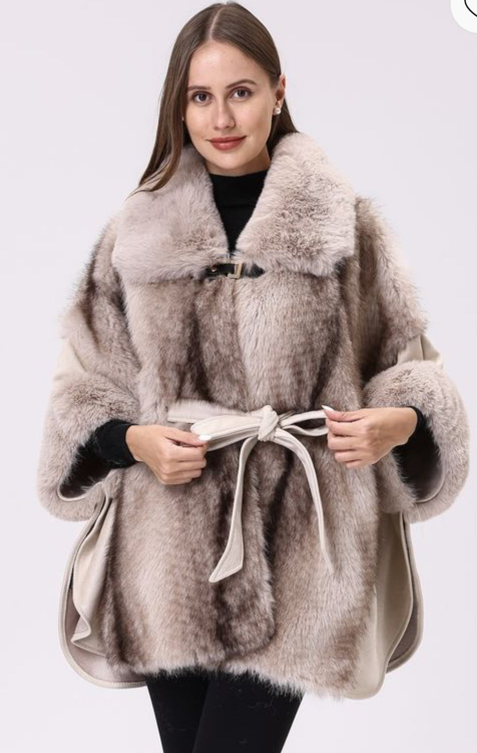Beige belted cape with faux fur CT300-79