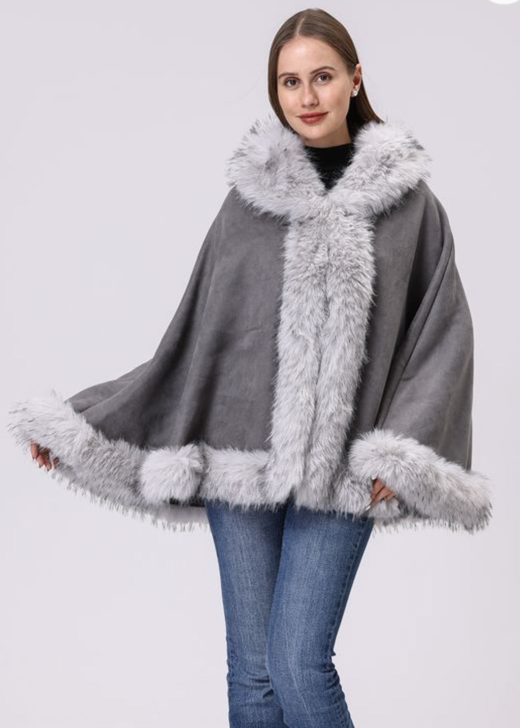 Grey Faux Fur Trimmed Cape CT250-80