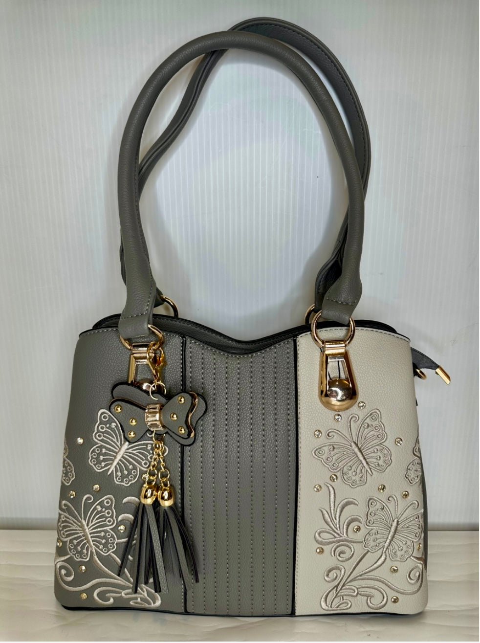 Grey Butterfly Embroidered Tote Purse