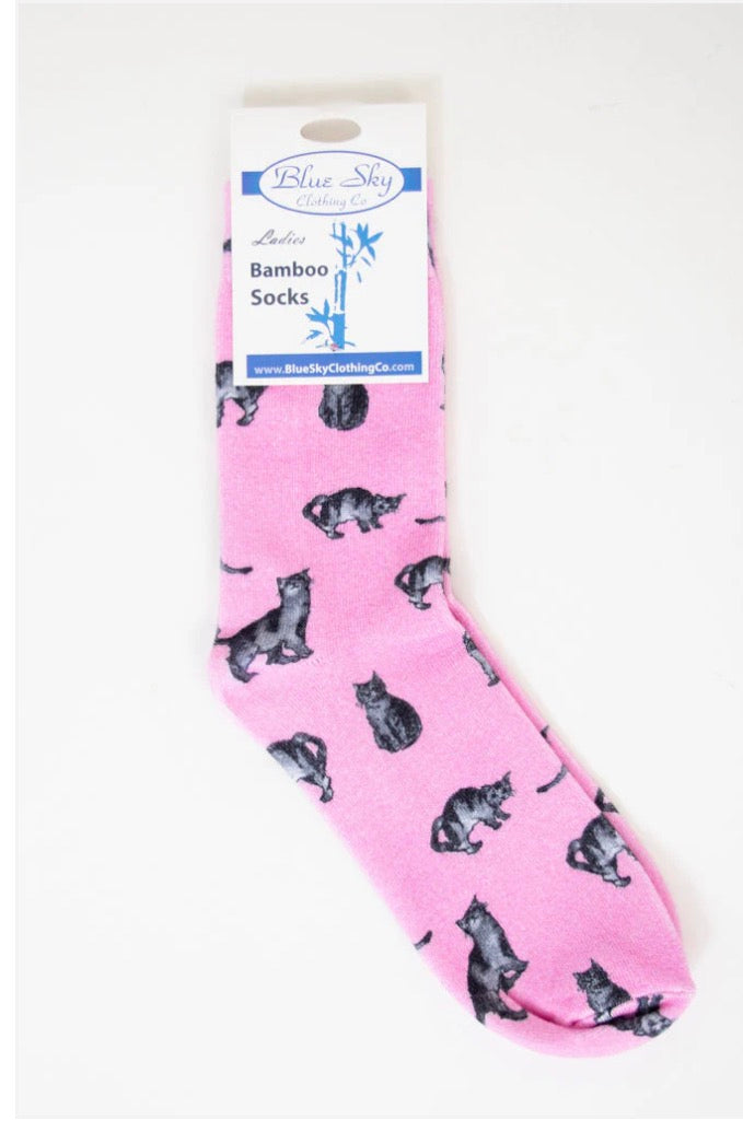 Ladies Bamboo Dress Socks Pink Cat