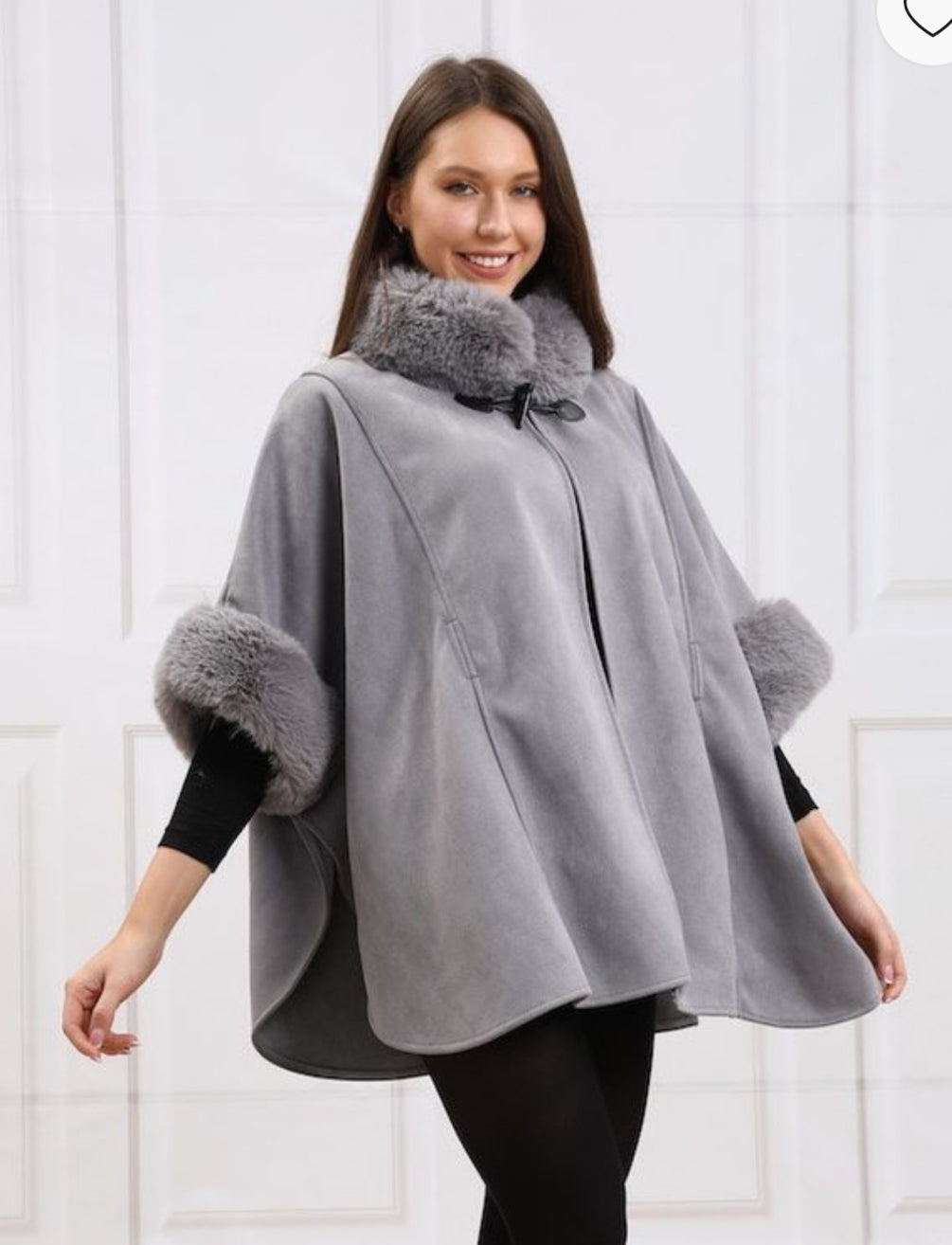 Grey belted cape with faux fur CT300-61
