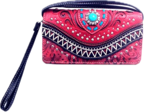 Red western stone flap wallet