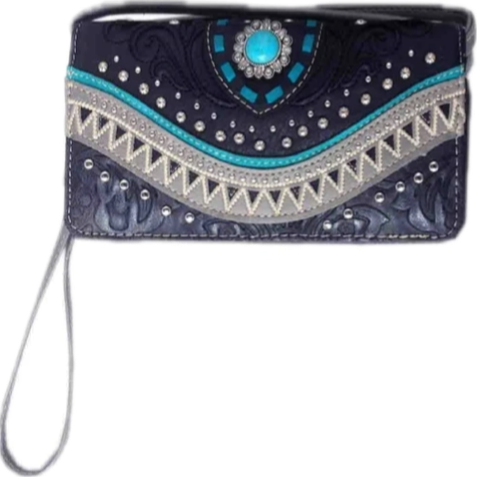 Black western stone flap wallet