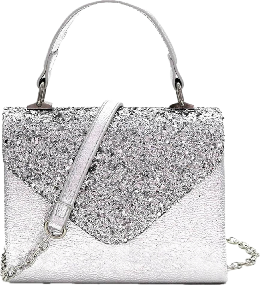 Silver glitter clutch with handle HP3297