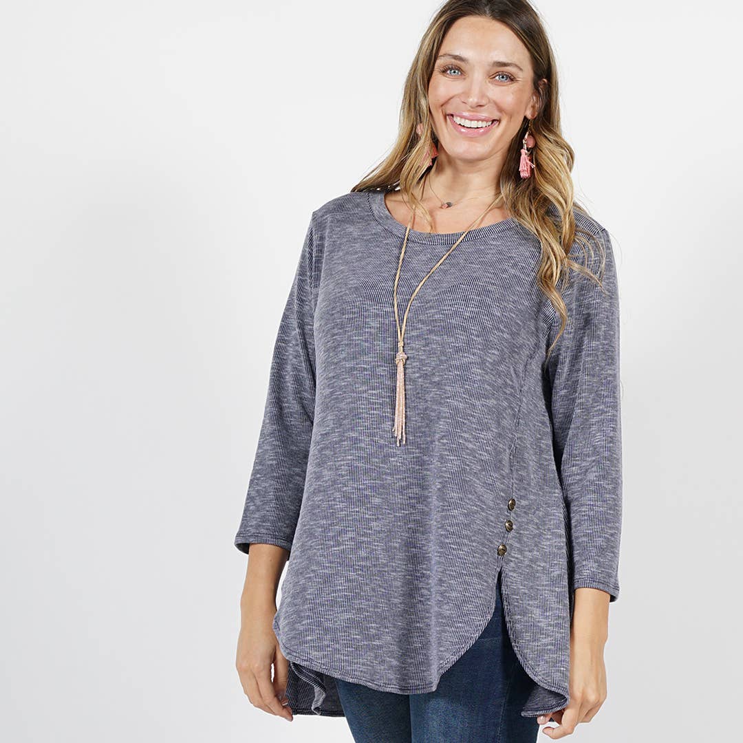 Side Button 3/4 Sleeve Tulip Hem Black Plus