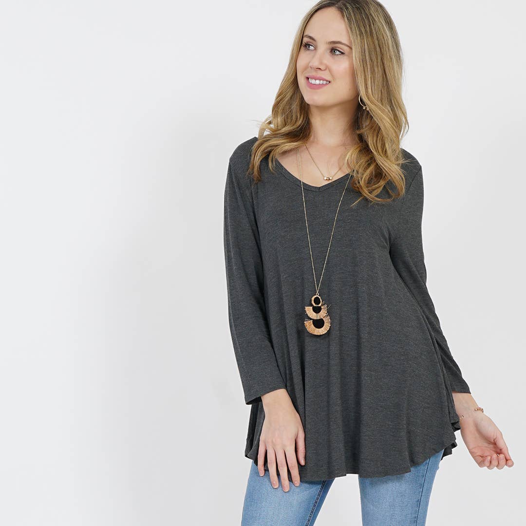V-Neck Long Sleeve Swing Ashgrey Tunics
