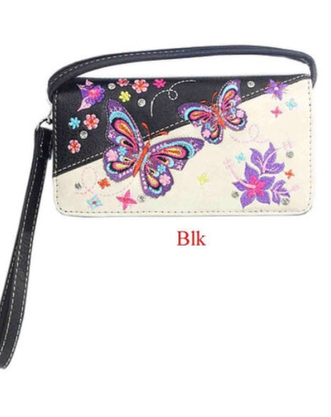 Black butterfly wallet with wristlet and crossbody strap