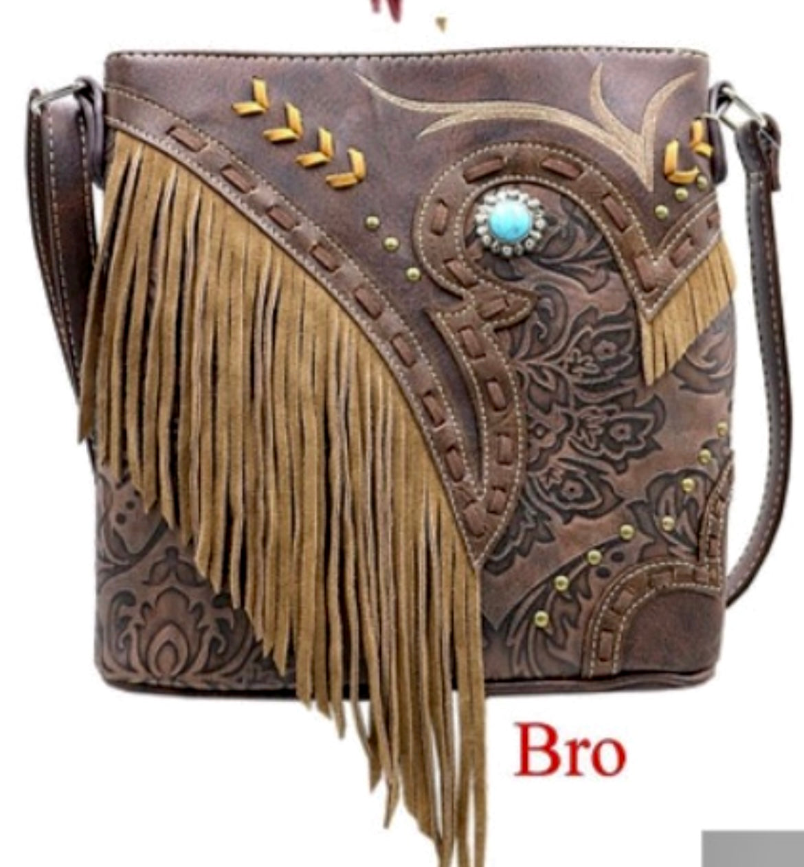 Brown fringe messenger with stone