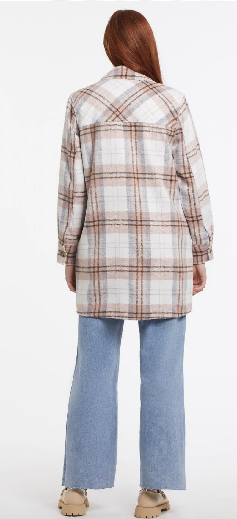 Long plaid shacket w/notch collar in Lt Rosebud