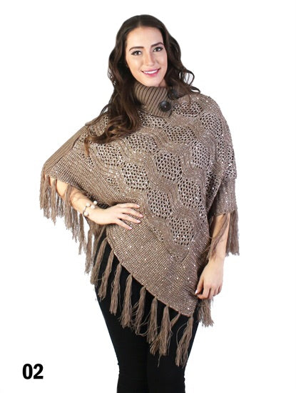 Brown Shawl Collar Bling Poncho