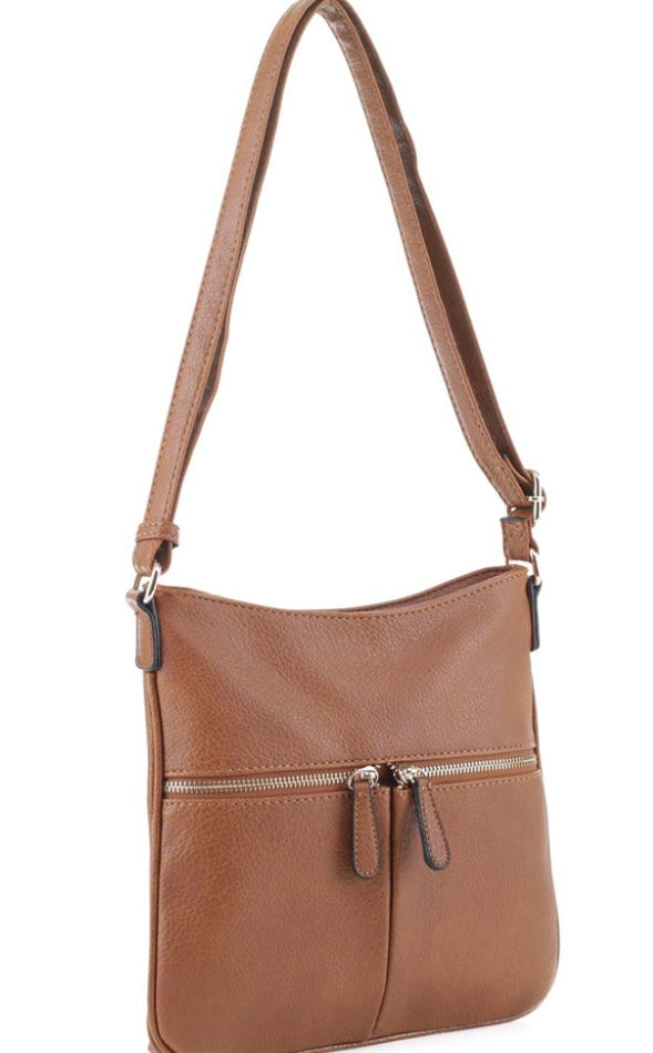 Brown front zip pocket crossbody