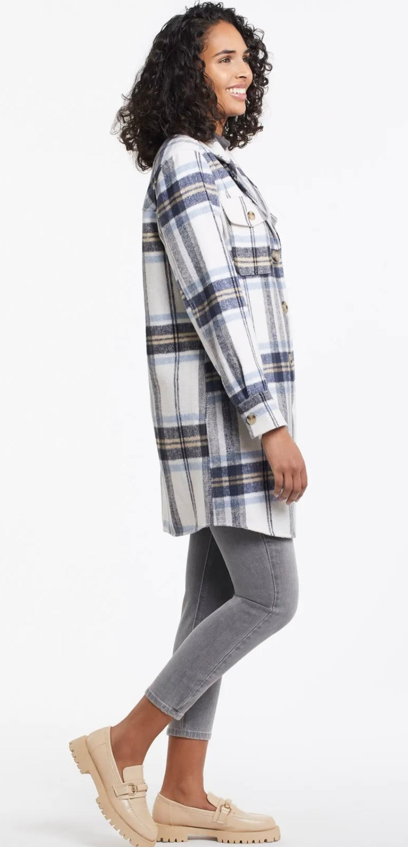 Long Plaid shacket w/notch collar in Sailor Blue