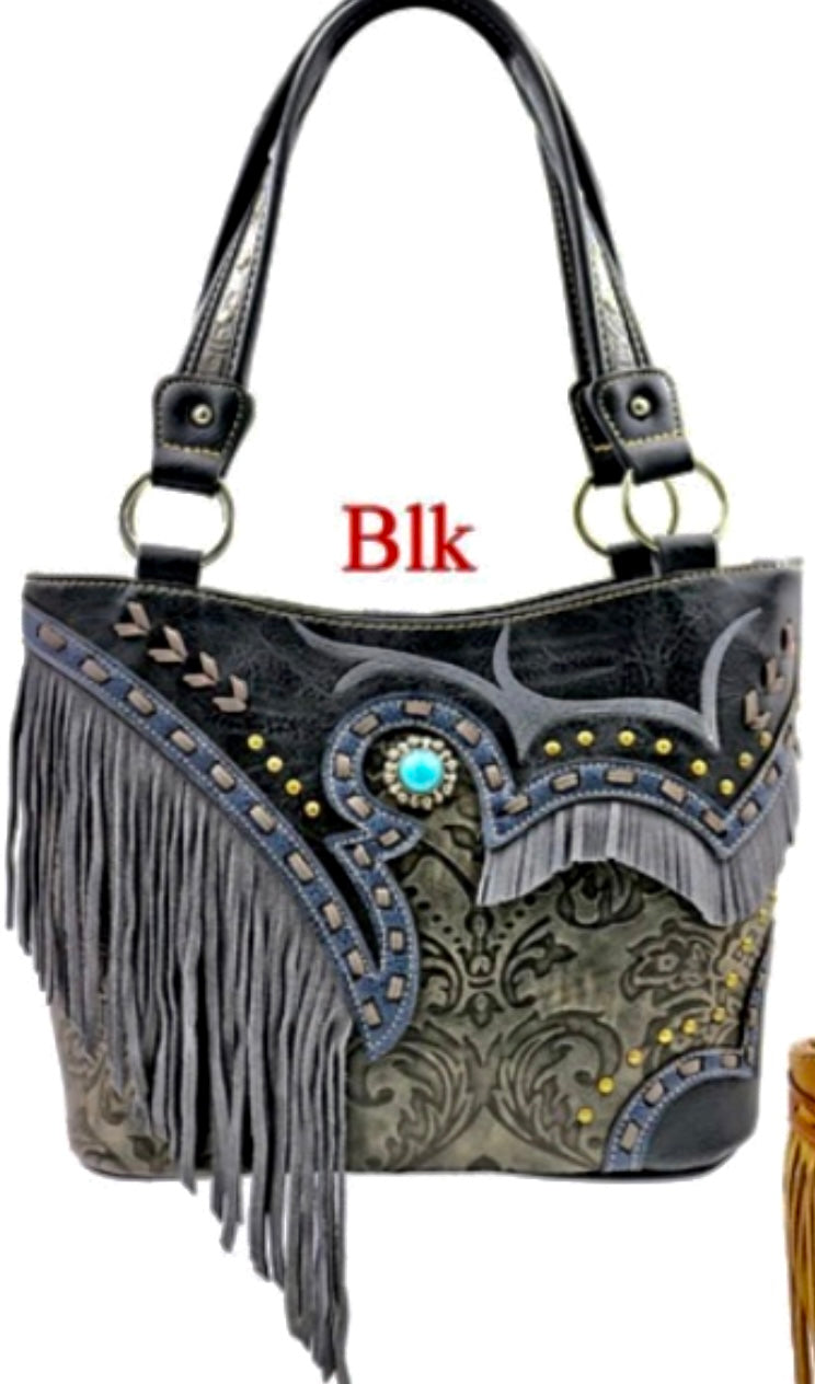 Black large fringe tote
