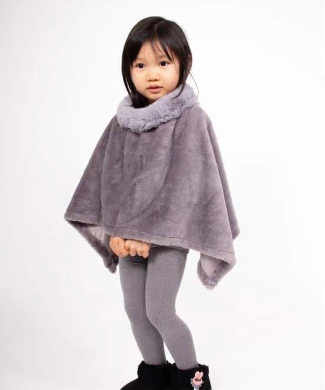 Girls plush poncho with faux fur neck Grey