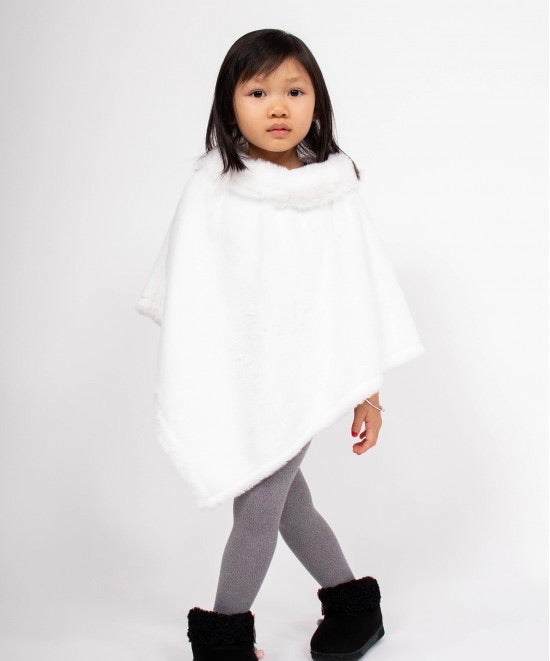 Girls plush poncho with faux fur neck White
