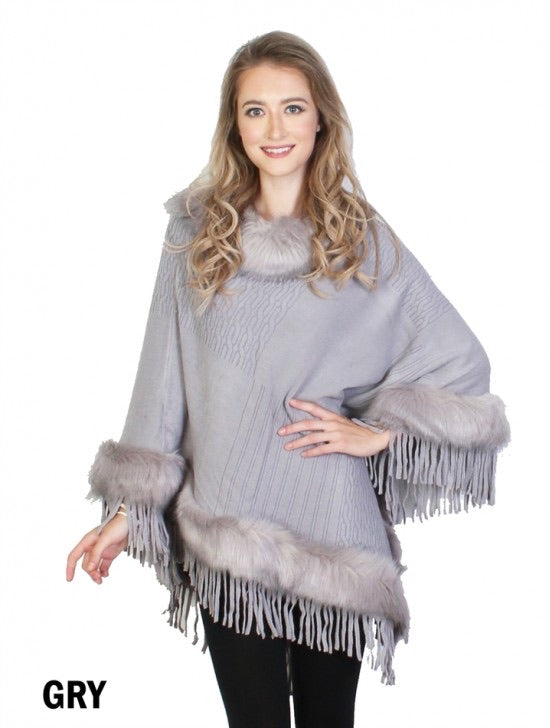Grey poncho with grey faux fur trim/tassels