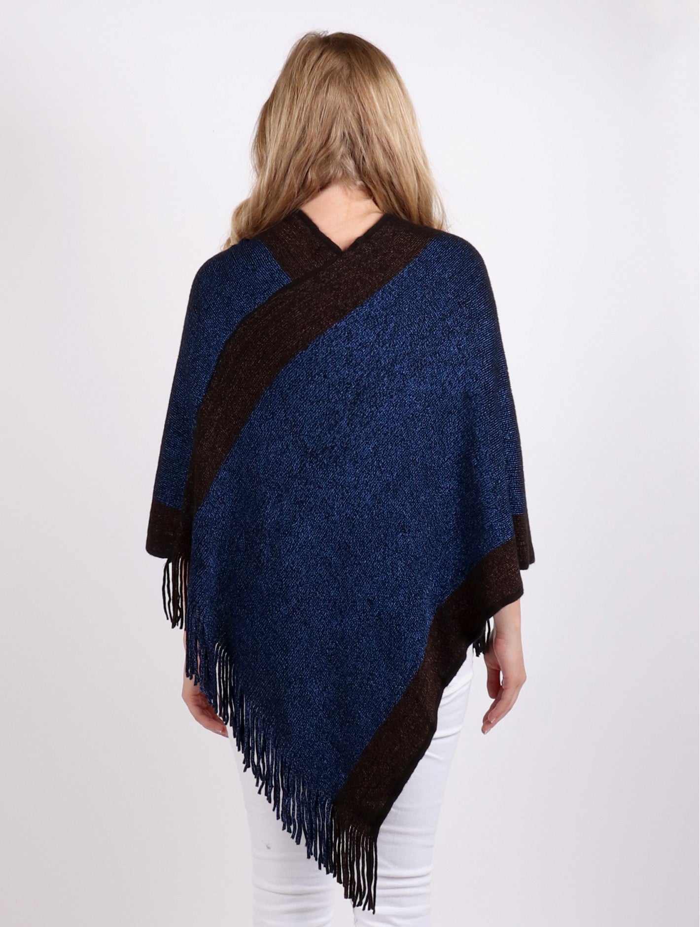 Blue speckled striped poncho with fringe