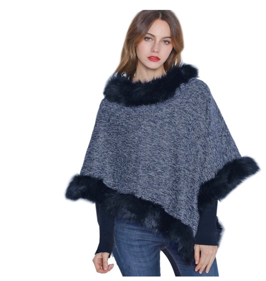 Navy and white poncho with black faux fur trim