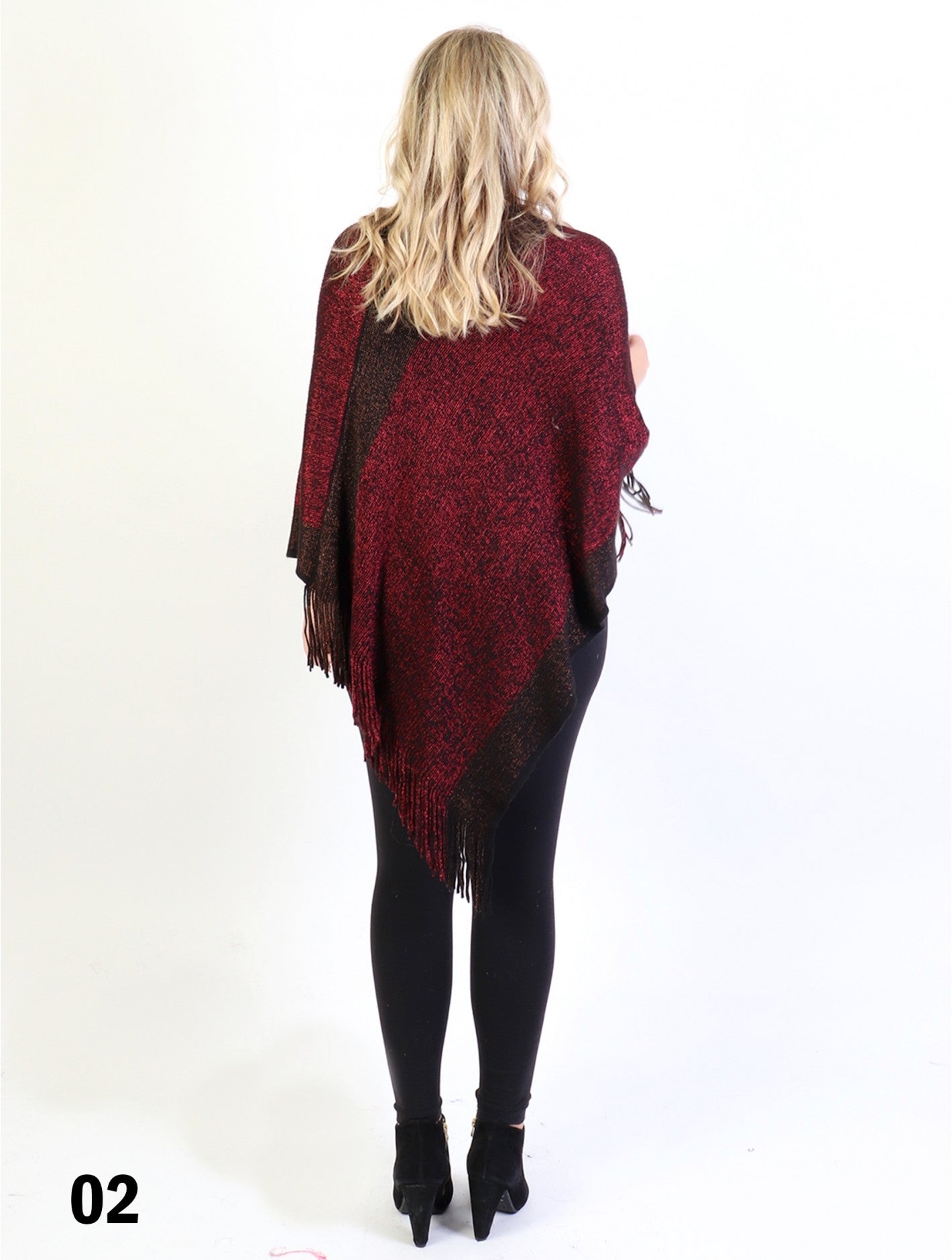 Burgundy speckled striped poncho with fringe