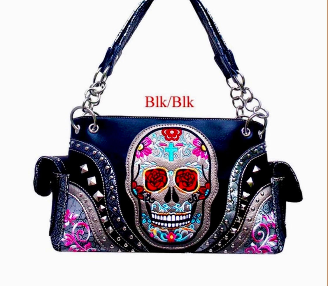 Sugar skull with rose eyes Black purse