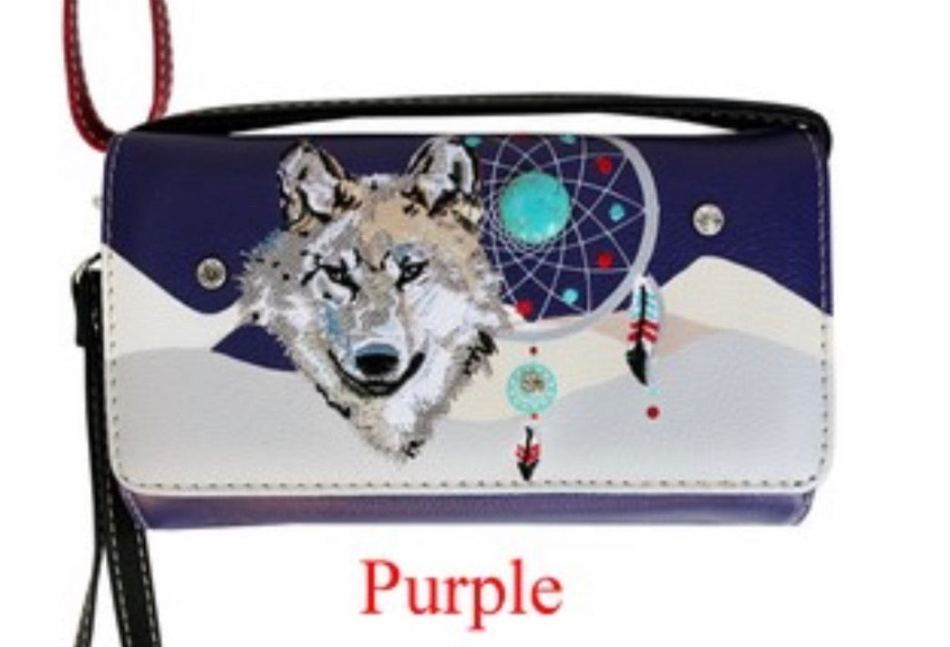 Purple wolf dreamcatcher wallet with crossbody strap