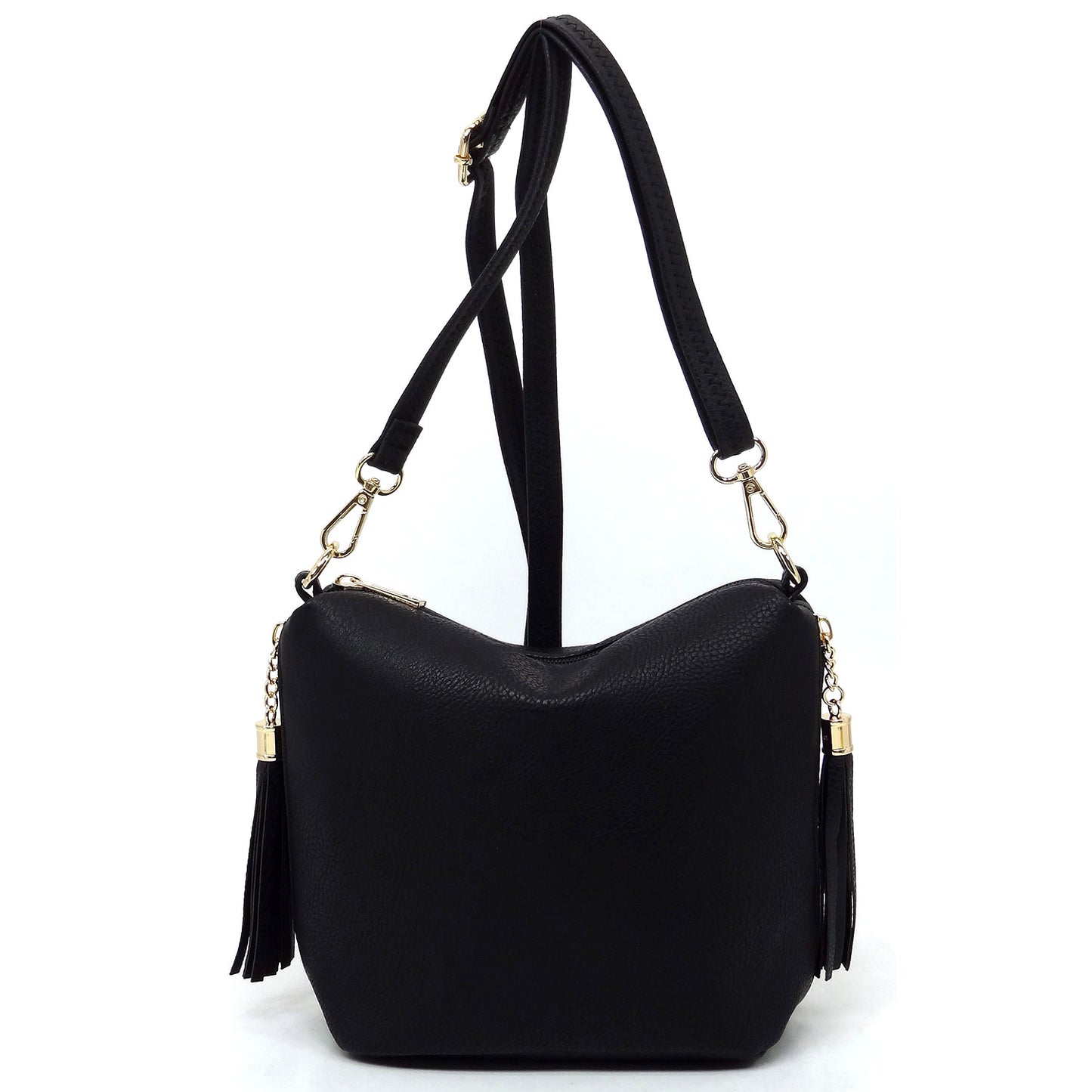 Black purse with tassel side carry pockets