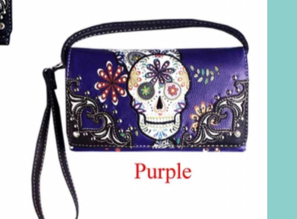 Purple sugar skull wallet with flower