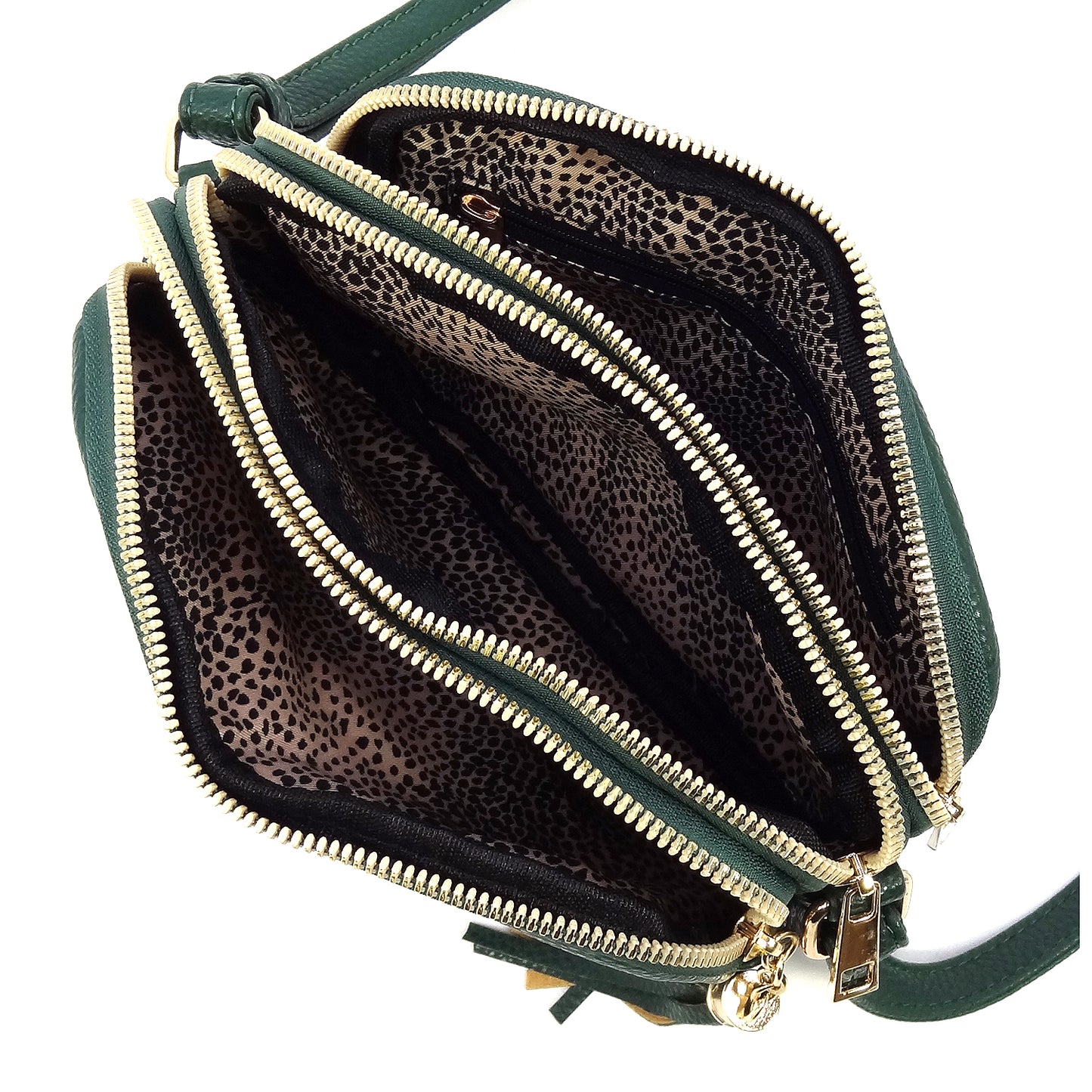 Black crossbody with 3 sections and tassel zipper