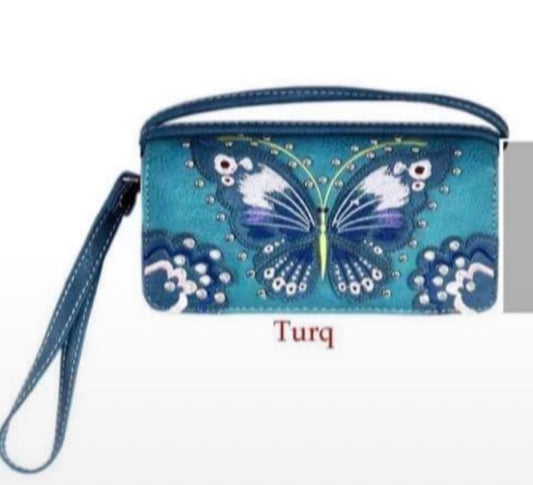 Turquoise butterfly wallet with crossbody strap