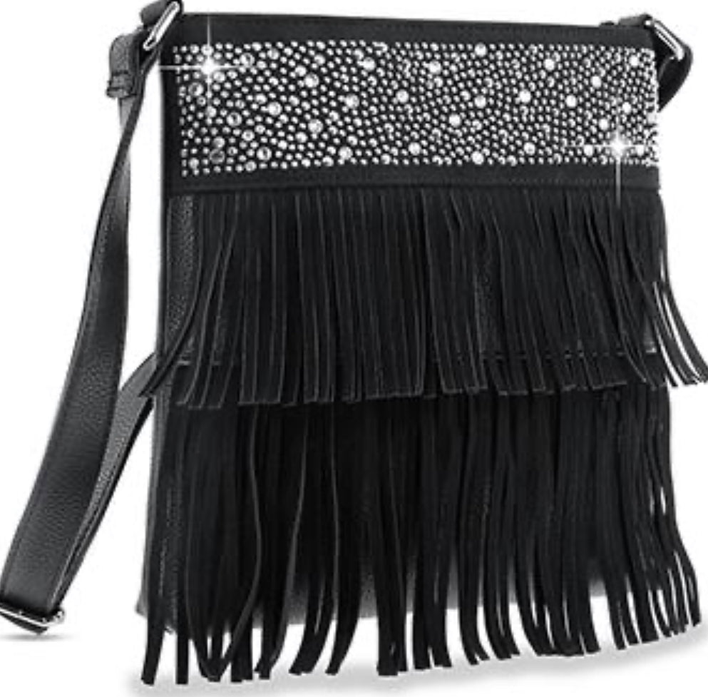 Black fringe crossbody with rhinestones