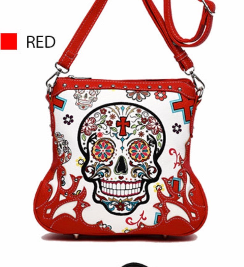 Red sugar skull messenger with cross