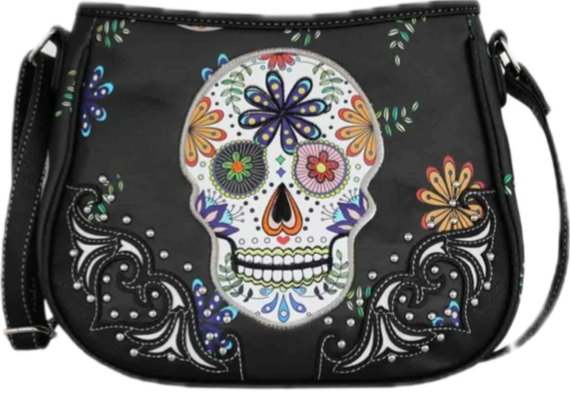 Black Sugar Skull with Flower crossbody purse