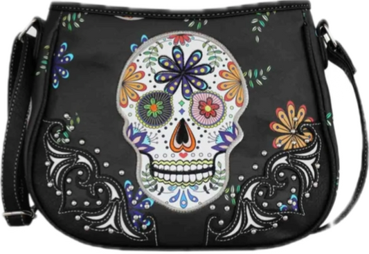 Black Sugar Skull with Flower crossbody purse