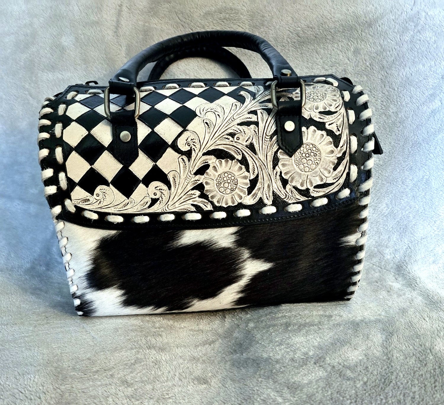 Hair on Hide Checker Tooled Leather Purse with Crossbody strap