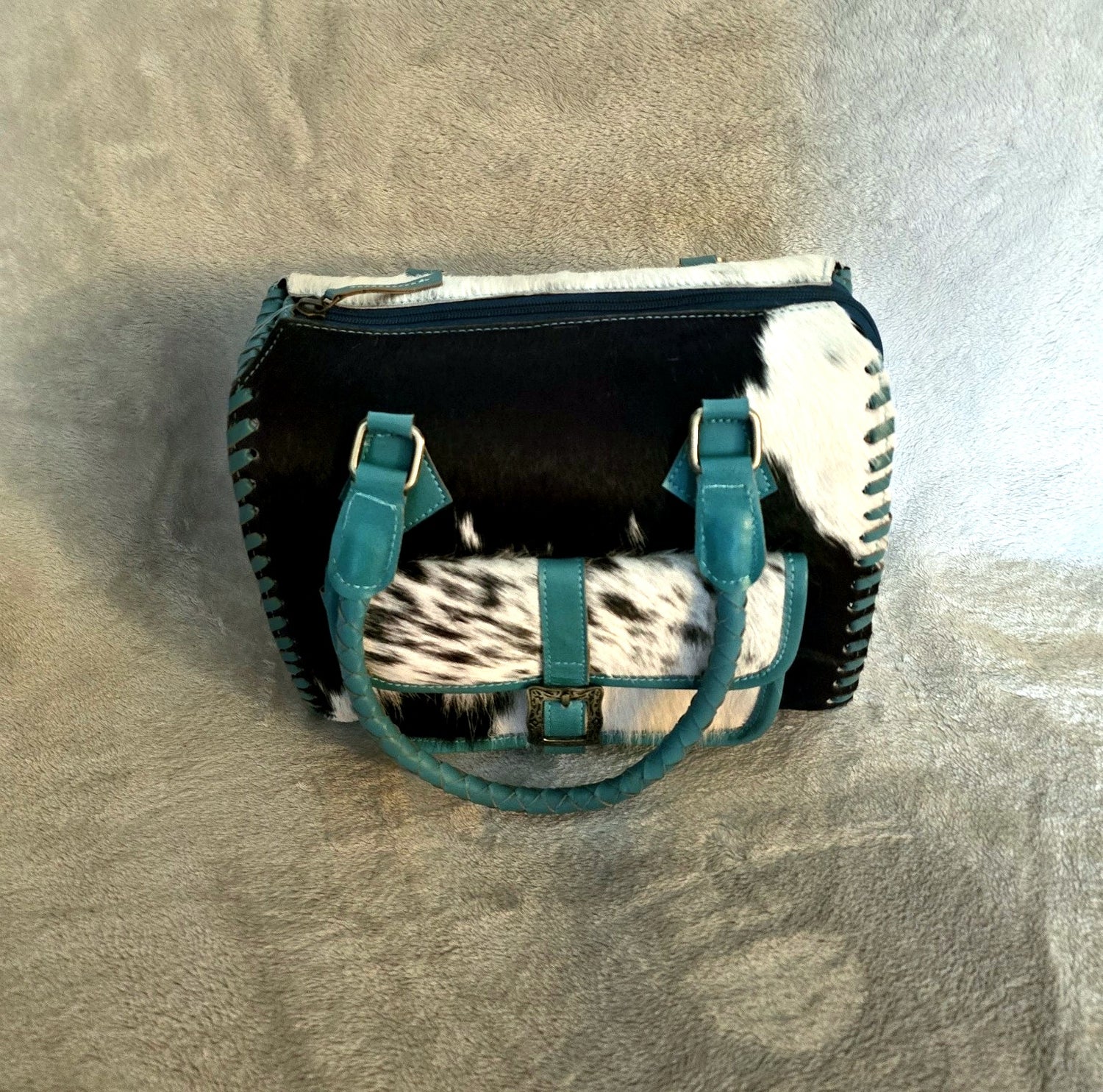 Hair on Hide Turquoise Trimmed Leather Purse with Crossbody strap