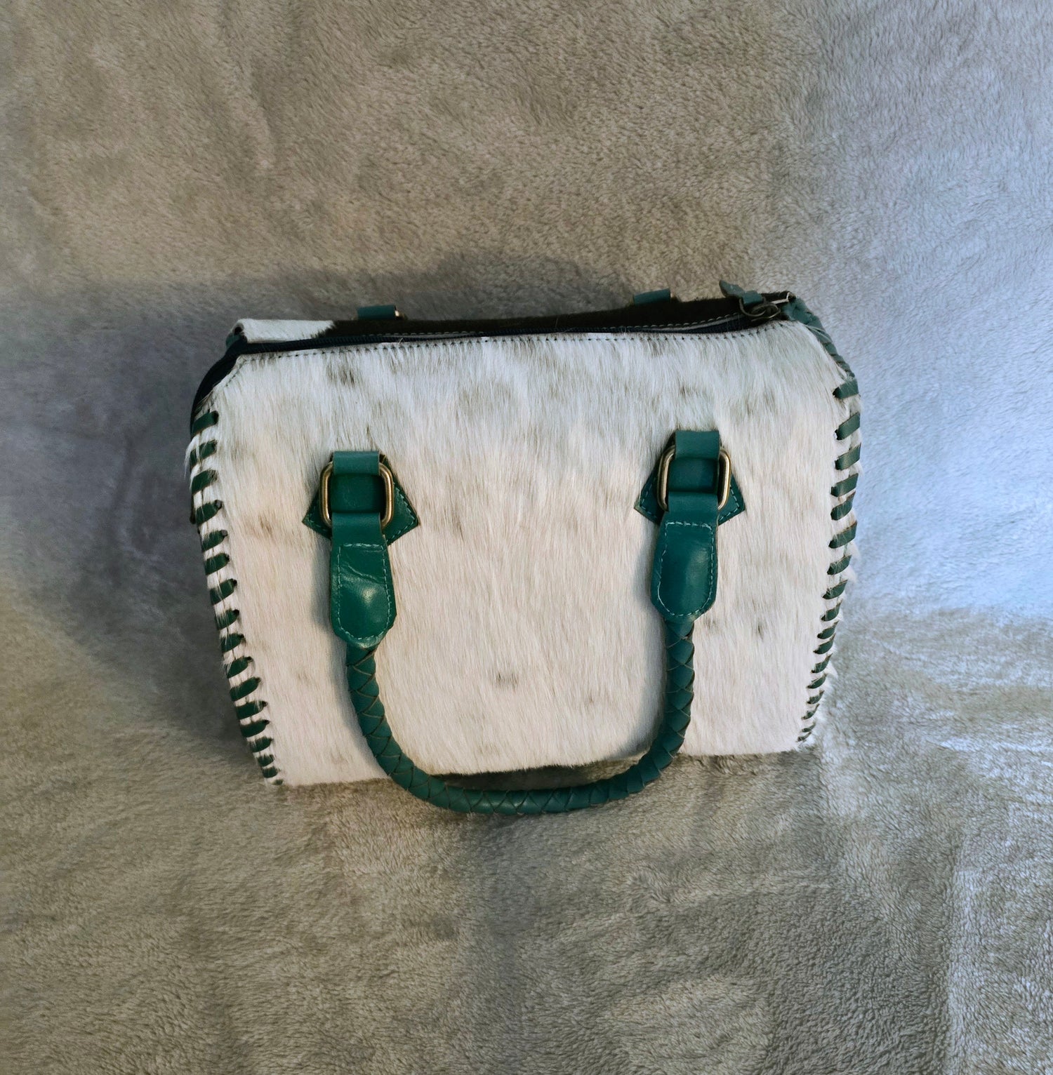 Hair on Hide Turquoise Trimmed Leather Purse with Crossbody strap