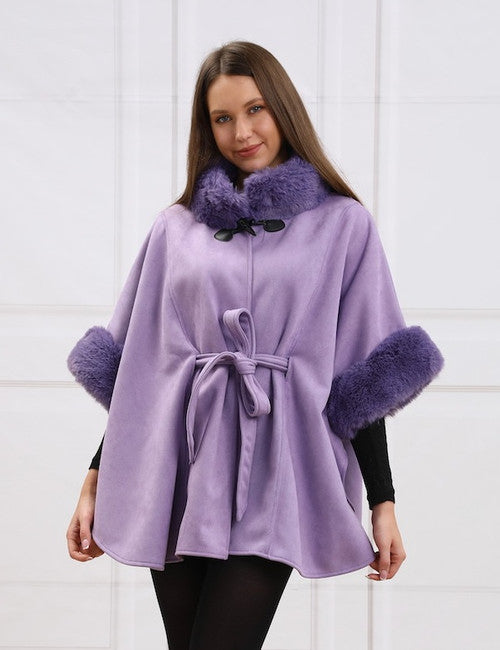 Lavender belted cape with faux fur