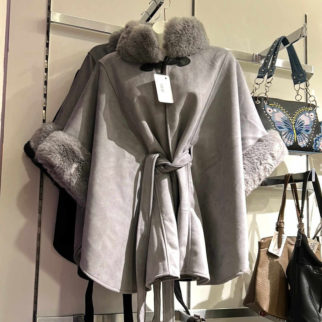 Grey belted cape with faux fur