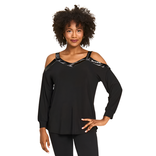 Faux Leather Trim Cold Shoulder Sweetheart Top