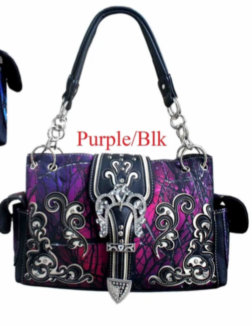 Purple camo print western purse with buckle