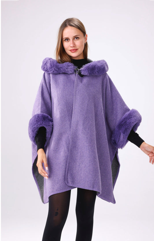 Lavender hooded faux fur cape with armholes