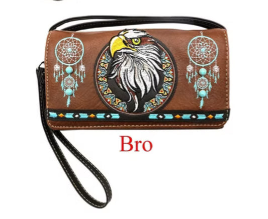 Brown eagle wallet with wristlet and crossbody strap