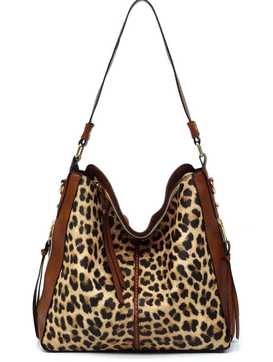 Leopard print side zipper hobo bag
